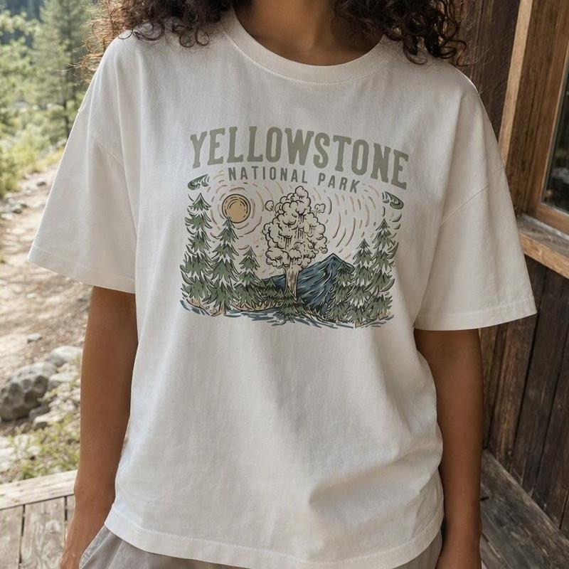 Women's 100% Cotton Short-Sleeve Crew Neck Drop Shoulder Loose-Fit T-Shirt - Yellowstone National Park Vintage Mountain Graphic Pine Tree Art Print Casual Short Sleeve Tops