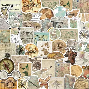 Vintage Travel Map Sticker, 50pcs/set Cartoon Compass & World Map Pattern Decorative Sticker, DIY Decals for Water Bottle, Laptop, Phone Case, Diary Sticker, DIY Decorative Stickers