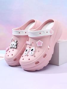women's pink cute cartoon decorated clogs, thick bottom slippers, casual comfortable non-slip clogs for indoor outdoor wear, ladies slippers, lightweight slipper, summer comfy clogs for daily wear, girl, walking shoes, footwear