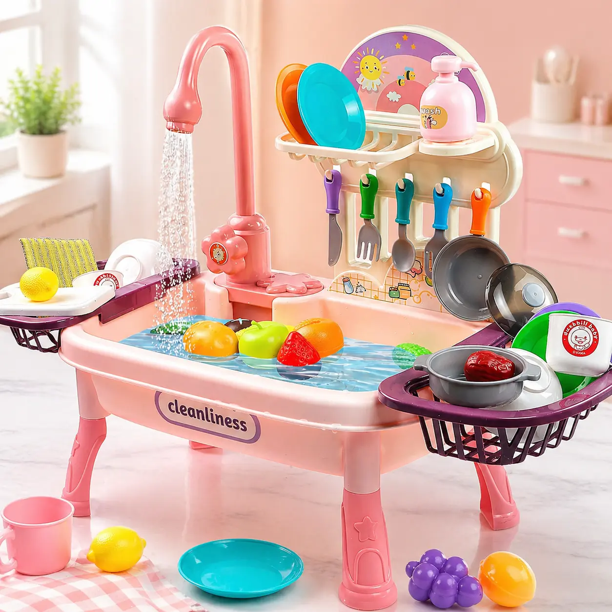 Play Sink with Running Water for Kids, Pretend Play Kitchen Sink Toy with Automatic Water Circulation, Play Dishes Food & Utensils, Girls Role Play Gift