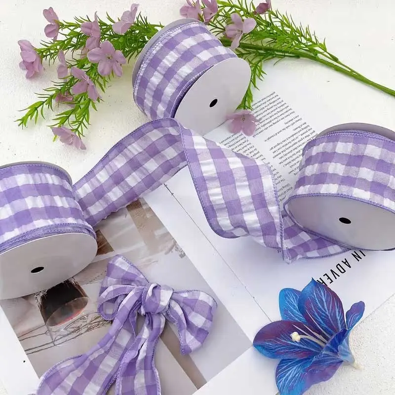 Pastel Lavender & White Gingham Checkered Fabric Ribbon Roll - 10 yds, 6.3cm/2.48in Width, Durable Decorative Bow & Garland Maker, Pre-Cut Edges, No Electricity Needed for Christmas, Wedding, Gift Wrapping