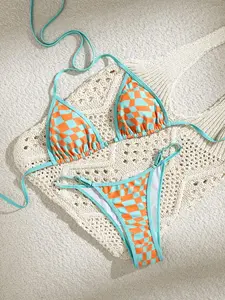 Two-piece Set Women's Geometric Print Bikini Set, Casual Fashion Chic Swim Top & Swim Bottom Swimsuit Set, Ladies Swimwear for Beach Holiday Vacation Spaghetti Strap Swimsuit, Swimsuit Style Bikini Beach Bikinis