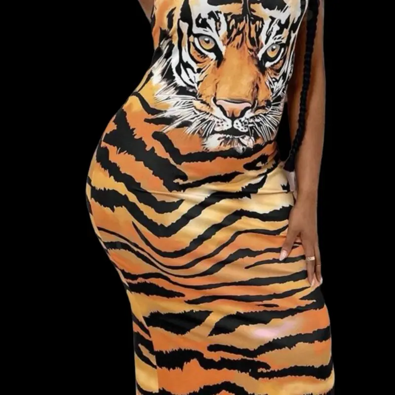 Tiger Print Sundress - Casual Women's Dress with Tiger Design Summer Comfort Sleeveless and Orange and Black Patterns - Womenswear