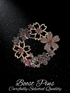 Rose Gold Tone Cherry Blossom Wreath Brooch for Women, Pink Gray Crystal Rhinestone Floral Lapel Pin, Alloy Fashion Jewelry for Coat Scarf, Birthday Gift for Her