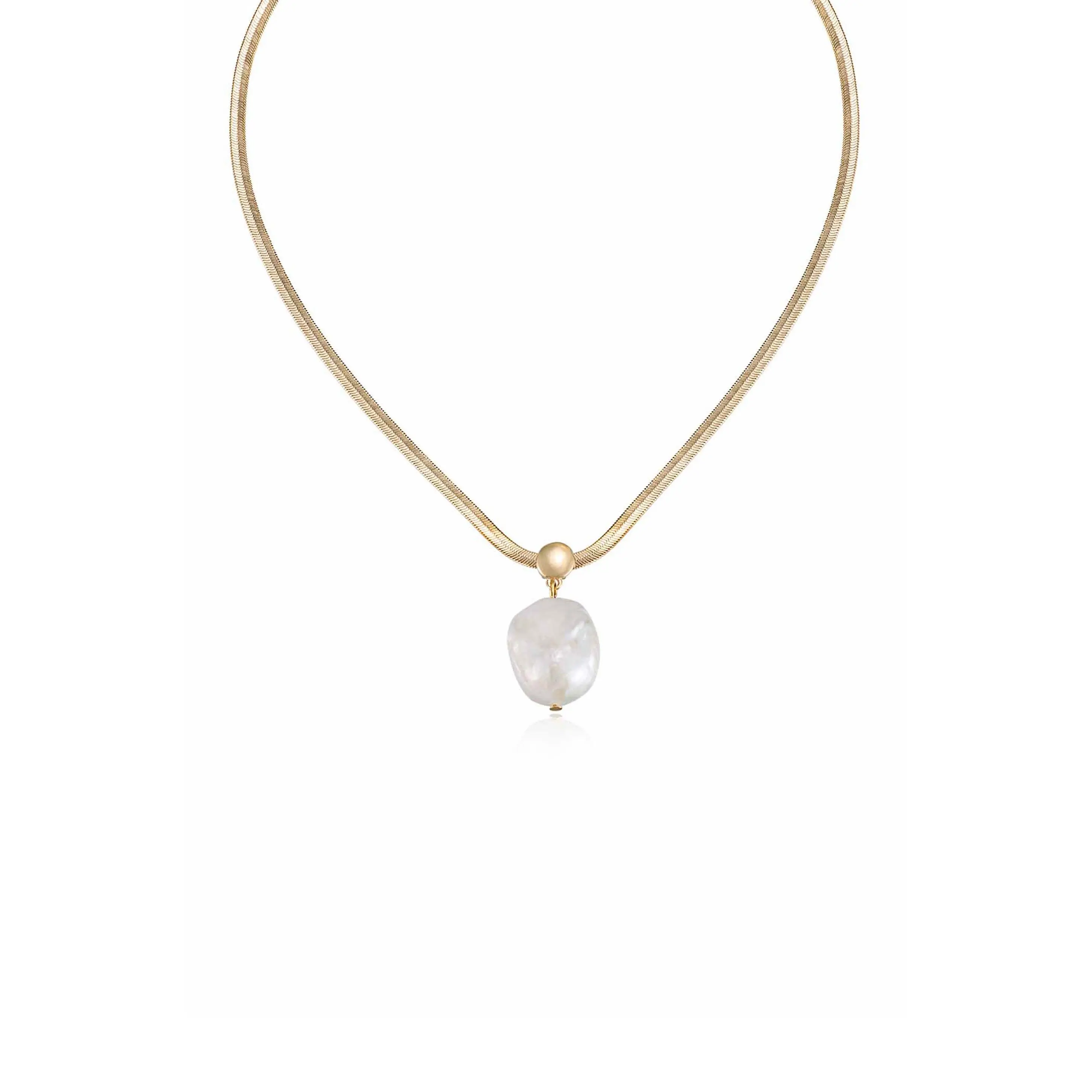 Baroque Pearl Pendant Necklace – 18K Gold Plated Snake Chain with Freshwater Pearl, Elegant Minimalist Statement Jewelry