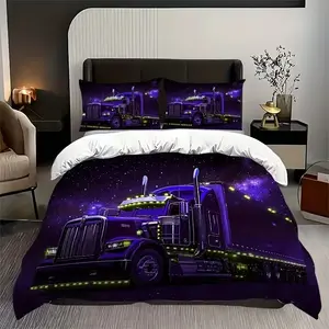 3-Piece Large Truck Print Bedding Set, Soft Breathable Polyester Fabric, All-Season Use, Bedroom & Guest Room Decor