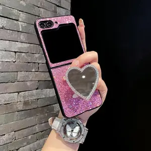 Pink Rhinestone Heart Mirror Case for Samsung ZFlip4/5/6 | Full Pink Rhinestone Coverage + Rhinestone-Trim Heart Mirror Decor + Outer Screen Compatible | Scratch & Shock Resistant | Outing/Touch-Up Sweet Girl Style