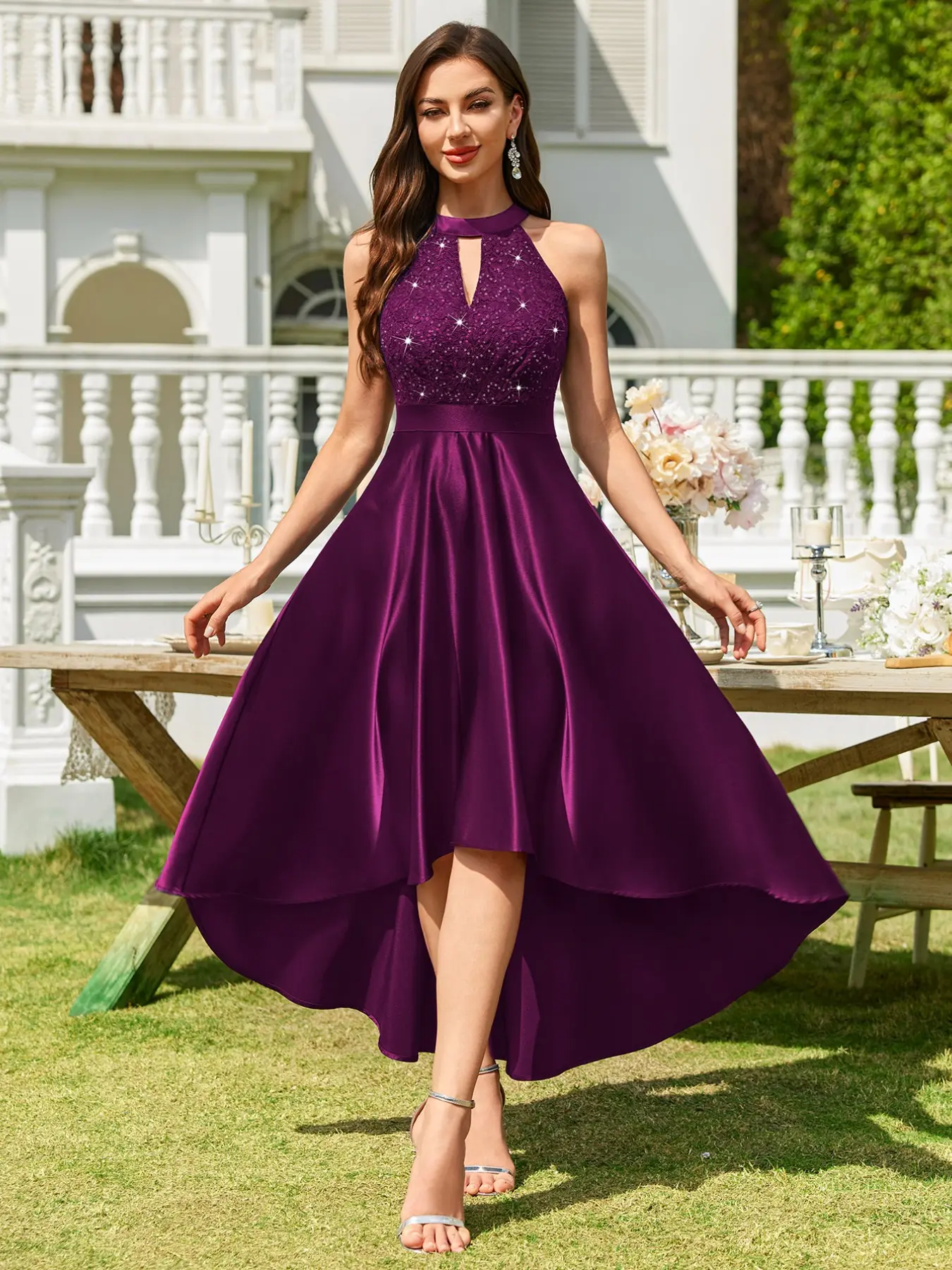 MIUSOL 24515A Halter Neck Sequin Floral Lace Contrast Satin High-Low Hem Evening Party Cocktail Long Dress, Formal Evening Gown, Prom Dress, For Wedding Guest, Graduation, Dinner, Birthday, Elegant Chic Summer, Elegant Formal Style, Formal Wear