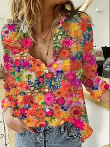 Women's Vintage Boho Floral Shirt Blouse, Summer New Fashion Loose Casual Vacation Print Long Sleeve Top, Elegant Woven Fabric, Spring & Fall Wear