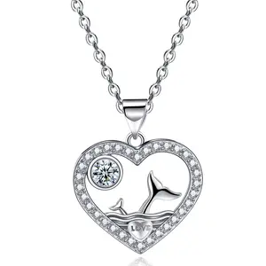 Emma Manor 14k White Gold Plated 5A Cubic Zirconia Whale Tail Love Heart Pendant Necklace