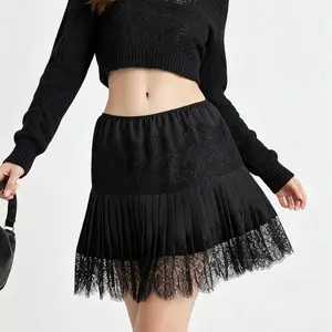 Women Y2k Lace Mini Skirt Low Rise Pleated Ruffle Half Slip Skirt Layered Flowy Short Skirt Streetwear Fabric Womenswear Asymmetrical Bottom Casual Comfy Sheer Elastic Tiered Minimalist Trendsetters for stretchy waist