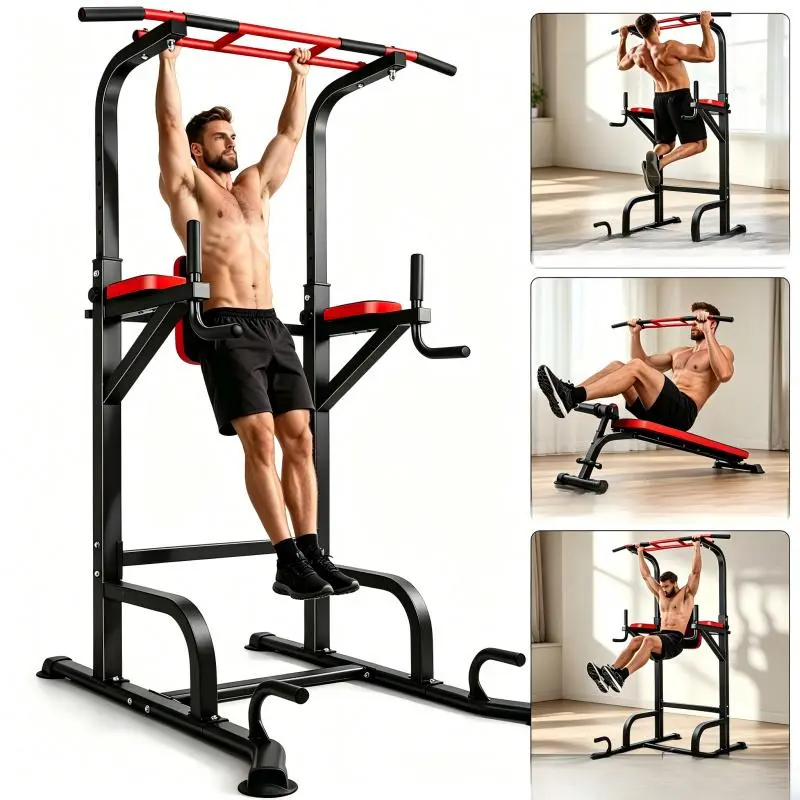 Multifunctional Home Strength Training Tower Gym Set - Height-Adjustable Pull-Up Bar Station with Backrest, Indoor Single-Double Bar Rack for Arm Strength Training
