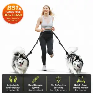 Hands-Free Dog Running Leash with Waist Belt| Adjustable Reflective Bungee Leash, Dual Handles, Shock-Absorbing for Medium & Large Dogs Walking, Jogging & Hiking