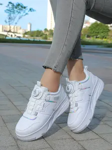 Boys Girls Kids Beginner Skate Shoes PU Waterproof Rotating Button No Tie Roller Skates Fashion Durable Anti-Slip Four-Wheel Outdoor Activity