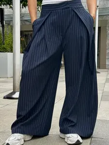 Striped Wide Leg Pants Women's Pants Autumn Spring 2026 Pleated Baggy High Waisted Pants For Woman Casual Chic Bottoms Versatile Streetwear & Office Commutes Trousers