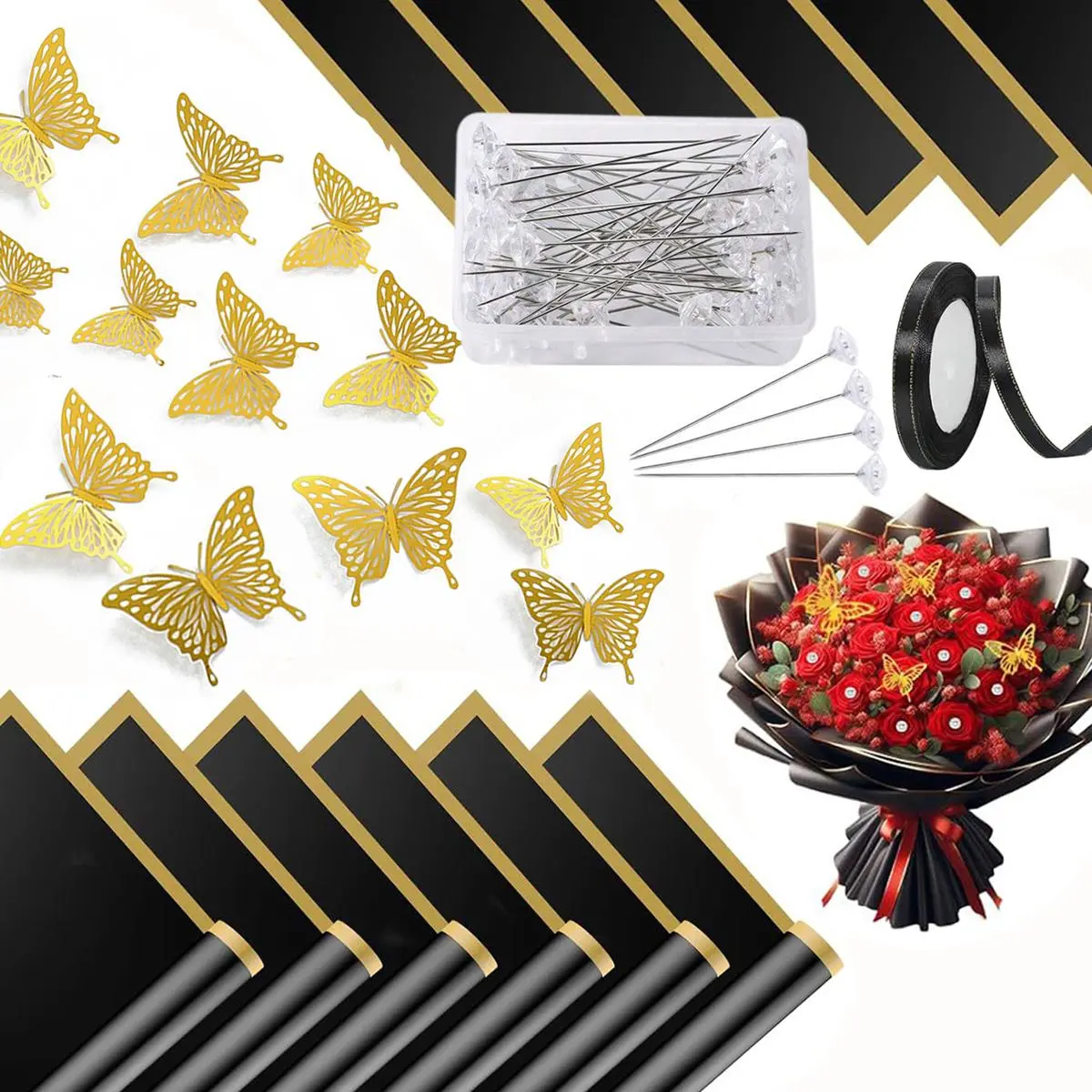 Flower Bouquet Wrapping Kit, Bouquet Wrappers, Gift Wrapping Supplies, 145pcs/set Including 100pcs Crystal Rhinestone Head Pins & 20pcs Gold Edge Roll Paper & 1 Roll Ribbon, Wedding & Birthday Party Decoration Supplies