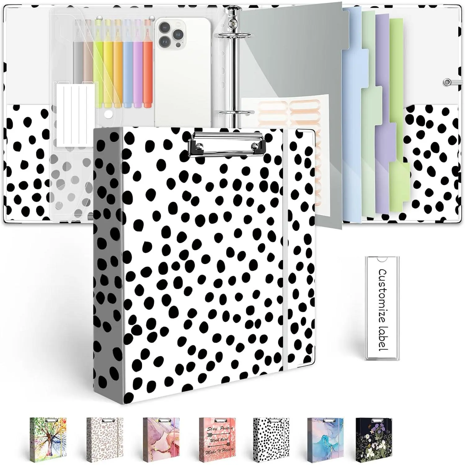 3 Ring Binder Organizer with 2 Inch Three Ring Binders, 5-Tabs Pockets, Transparent Plastic Folder, Pen Loop, 18 Divider Stickers, Polka Dot Design