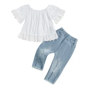 Baby Girl Clothes Outfits, 2 Pieces Off Shoulder Tops+Beading Denim Pants Set