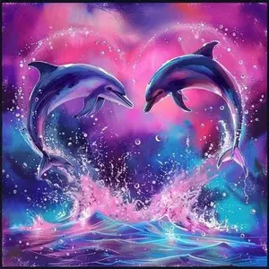 5D DIY Full Drill Round Diamond Painting - Diamond Art Kit Jumping Dolphin Mosaic, Canvas - DIY Decorative Painting, Home Wall Decor, Suitable for Halloween and Christmas, Birthday and Anniversary Gifts