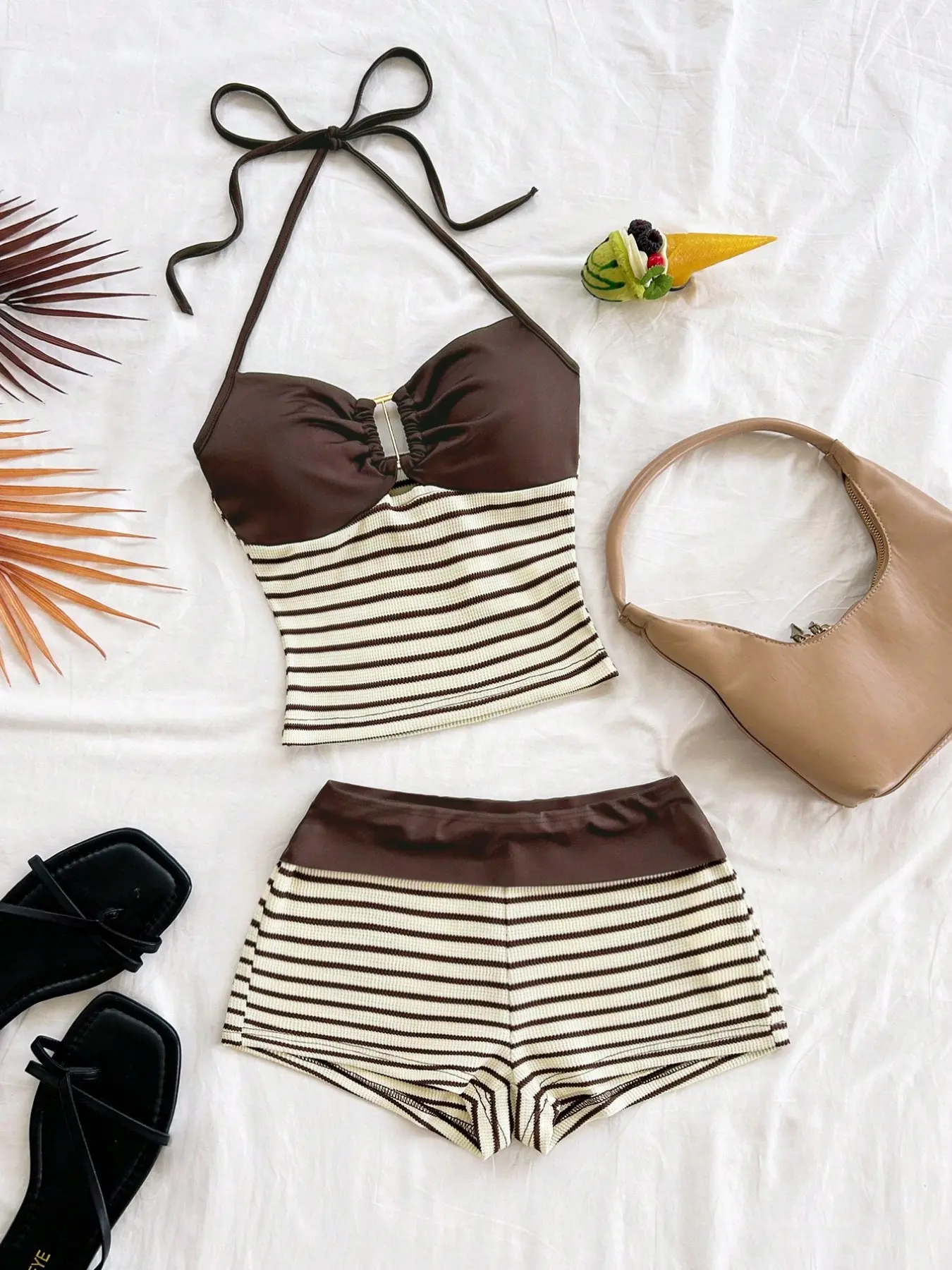 Women's Summer New Arrival High-Waisted Pleated Skirt Set, European Style Casual Chic Slimming Backless Striped Vest with Metal Decorative Buckle, Fashion Clothing Set