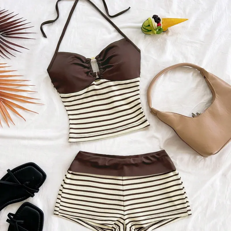 Women's Summer New Arrival High-Waisted Pleated Skirt Set, European Style Casual Chic Slimming Backless Striped Vest with Metal Decorative Buckle, Fashion Clothing Set