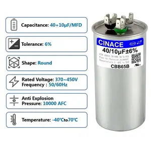 CINACE 40/10μF 40/10MFD CBB65 Dual Run Capacitor Round Shape 370/450VAC 50/60Hz for Air Conditioner AC Motor Fan Condenser HVAC Ice Maker