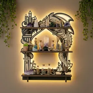 FNYDOX Wooden Dragon Shelf, Gothic Trinket & Knick Knack Shelves, Witchy Fantasy Decor with LED Light, Floating Shelf for Crystals Rocks Gems Healing Stones Display, Essential Oil & Nail Polishe Wall Shelf