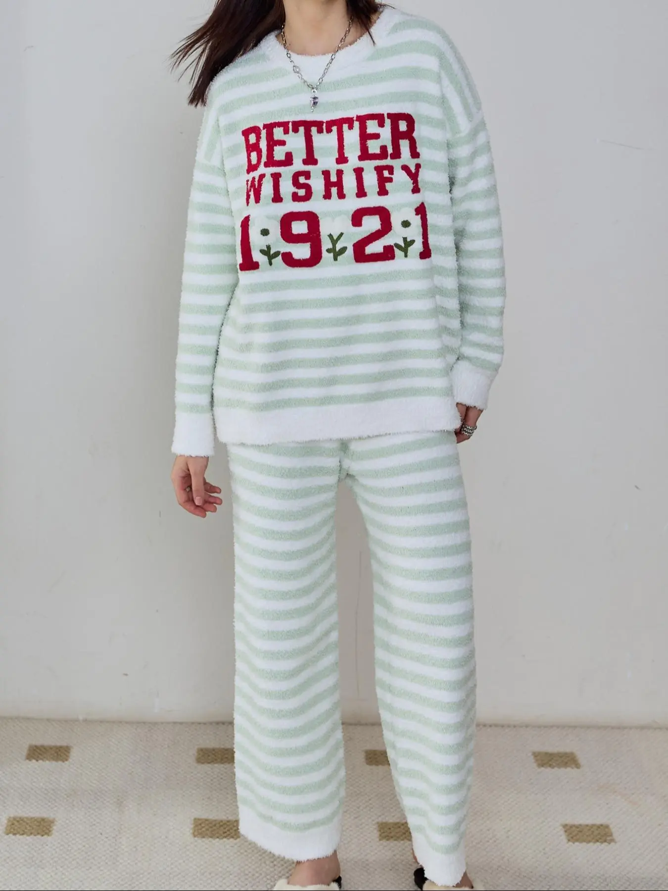 Two-Piece Set Women's Striped Print Drop Shoulder Sweatshirt & Elastic Waist Pants Pyjama, Casual Comfy Long Sleeve Round Neck Pullover & Trousers PJ Set, Women's Sleepwear for Fall & Winter
