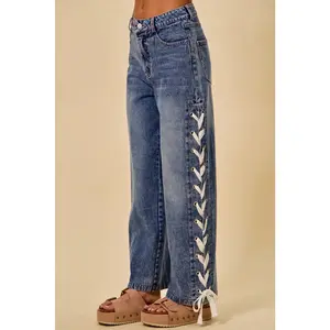 Mid Rise Lace Up Pants