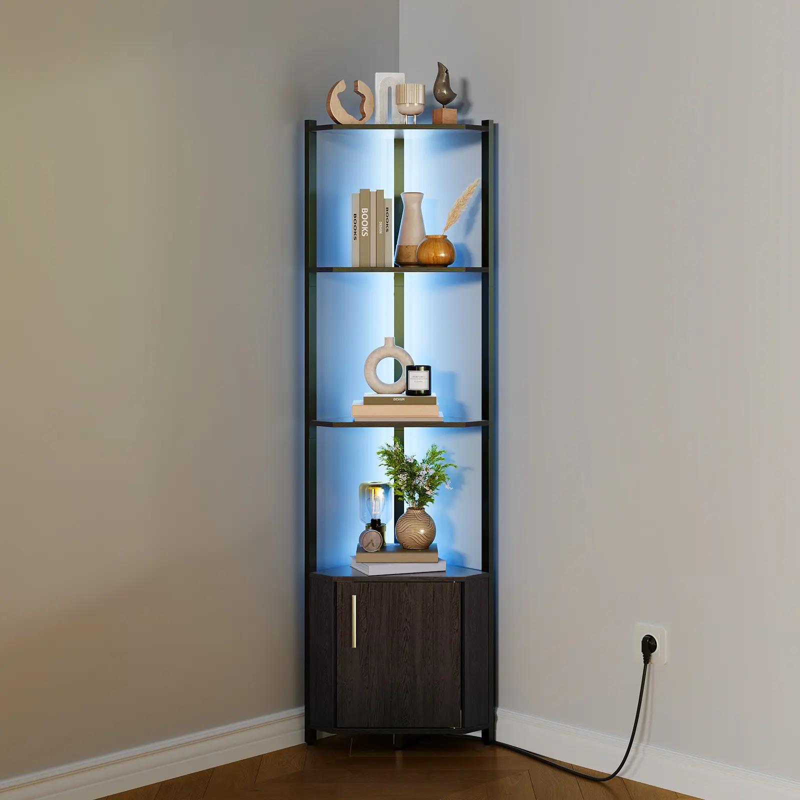 Modern 5-Tier LED Corner Shelf Rack – Metal & Wood, Wall Mounted, Adjustable Lighting, Space-Saving Storage for Living Room, Kitchen, Bedroom, Home Office, Floating Organizer, White