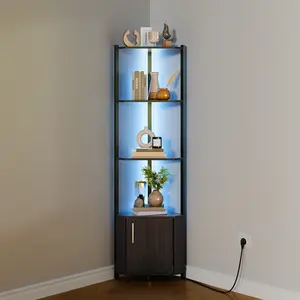 5-Tier LED Corner Storage Shelf, Modern Wall Mounted Display Rack Bookshelf, Heavy Duty Corner Stand with Metal Frame for Living Room, Home Office