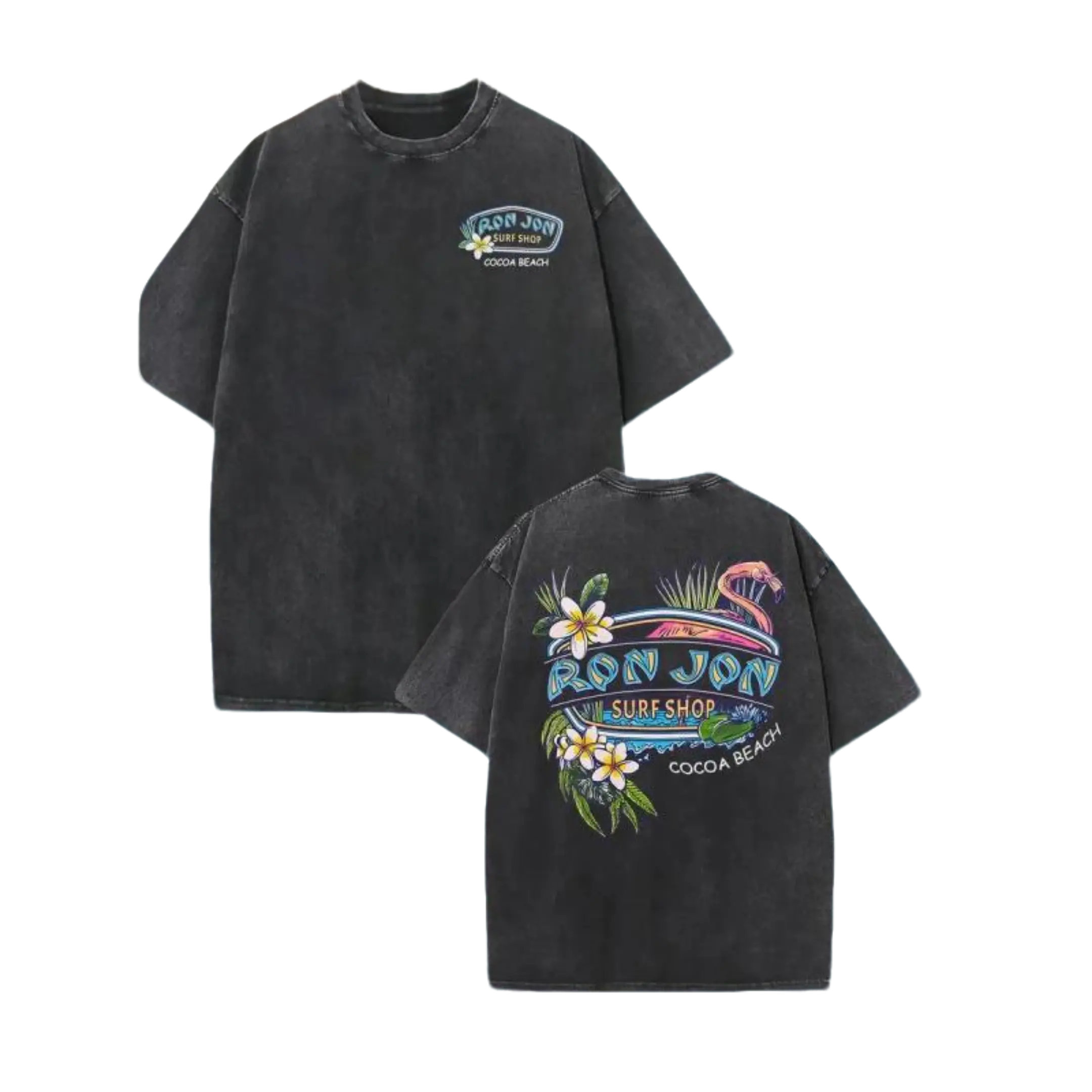 230g Heavyweight Vintage Washed Cotton T-Shirt - Tropical Flamingo & Surfboard Graphic Print, Dual-Sided Beach Carnival Design, Loose Fit Crew Neck Short Sleeve for Men & Women, Summer Surfing, Parties, Beachwear (Machine Washable) Fabric Classic summerwi