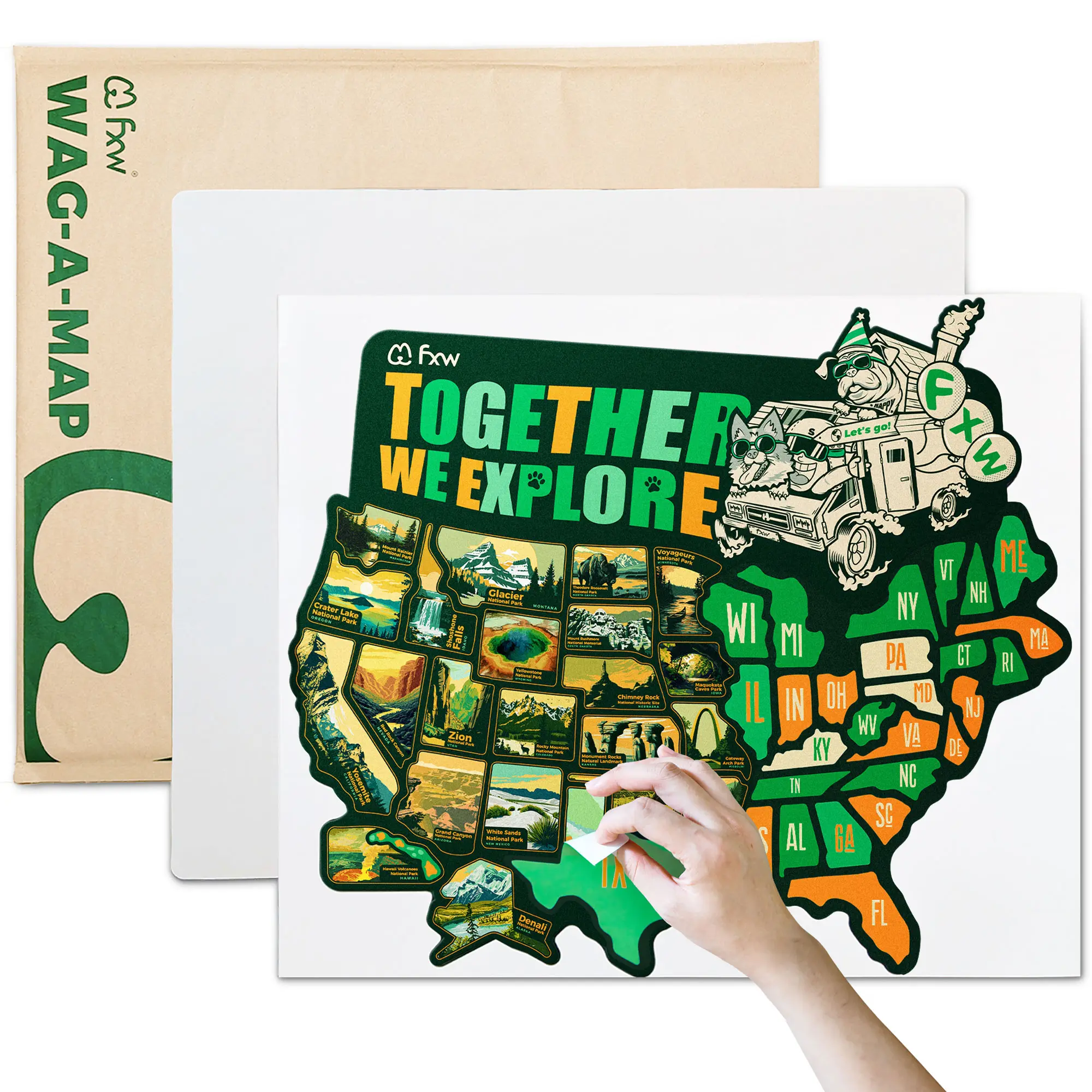 FXW RV State Sticker Travel Map, 50 USA State Decals to Track Visited States, Peel-to-Reveal Weather-Resistant RV Tracker for Camper, Trailer, Window, Door & Wall, Scenic Road Trip Sticker