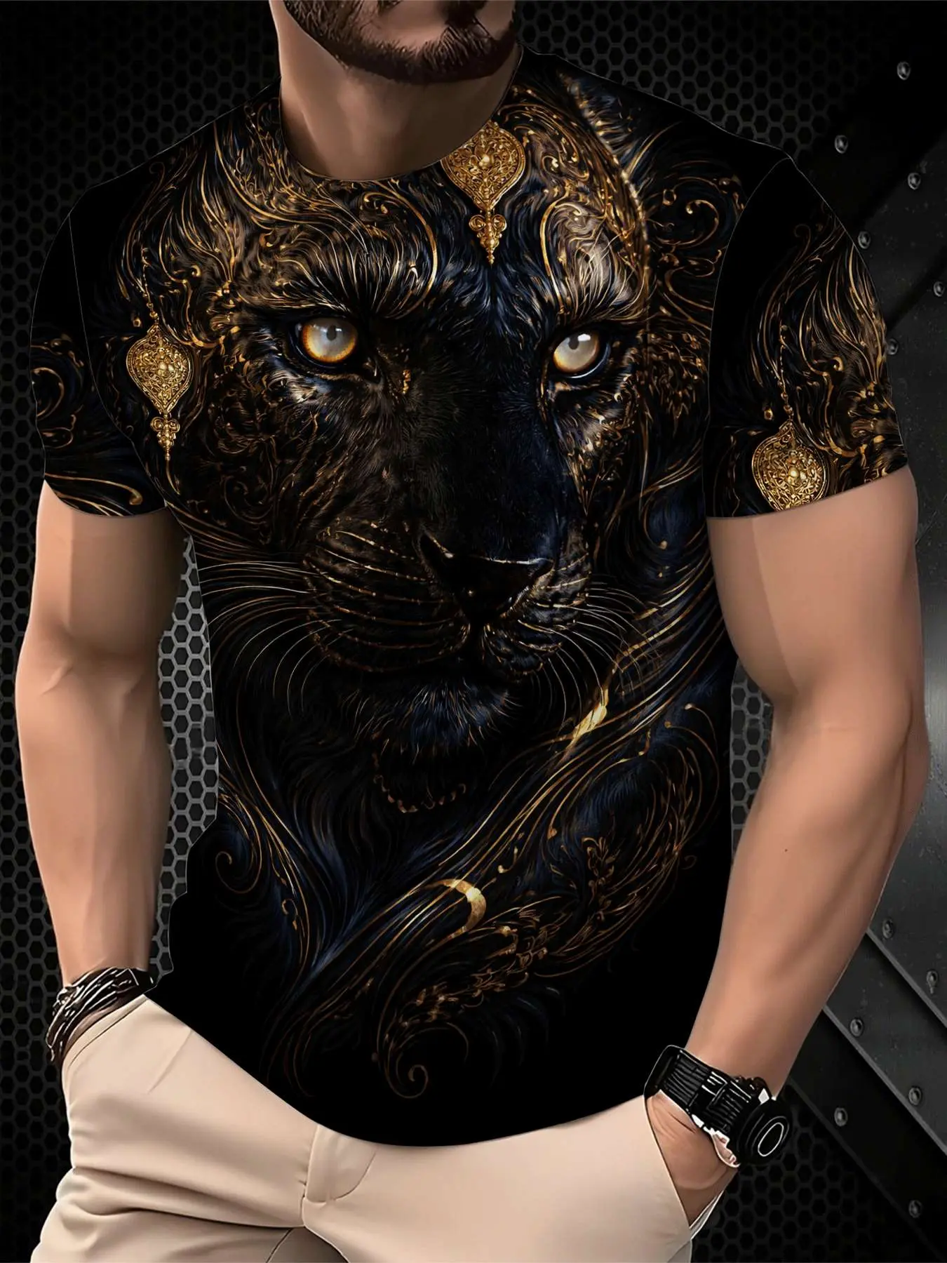 Men's Printed T-Shirt - Black/Gradient Multi-color Trendy Streetwear Top, Round-neck Short-Sleeved T-shirt, suitable for daily wear, casual gatherings, fashionable gradient style, machine washable, Menswear