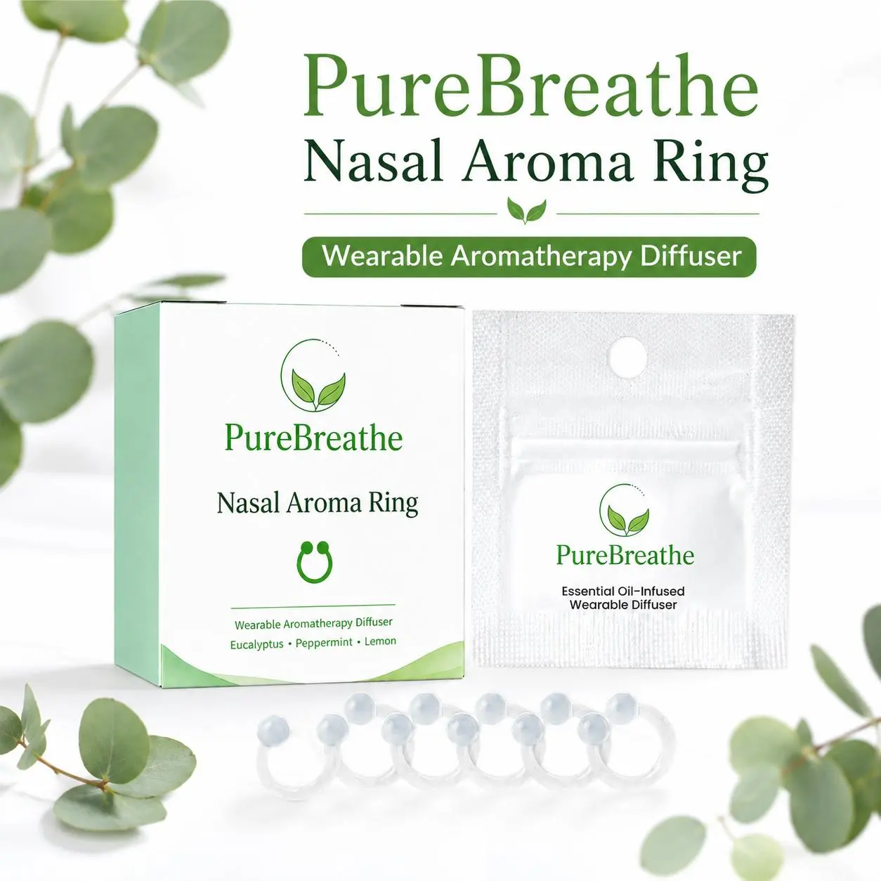 PureBreathe Nasal Aroma Ring, Essential Oil-Infused Wearable Aromatherapy Diffuser, Eucalyptus Scent Soft Silicone Personal Aroma Clip for Travel, Work, Yoga & Daily Use