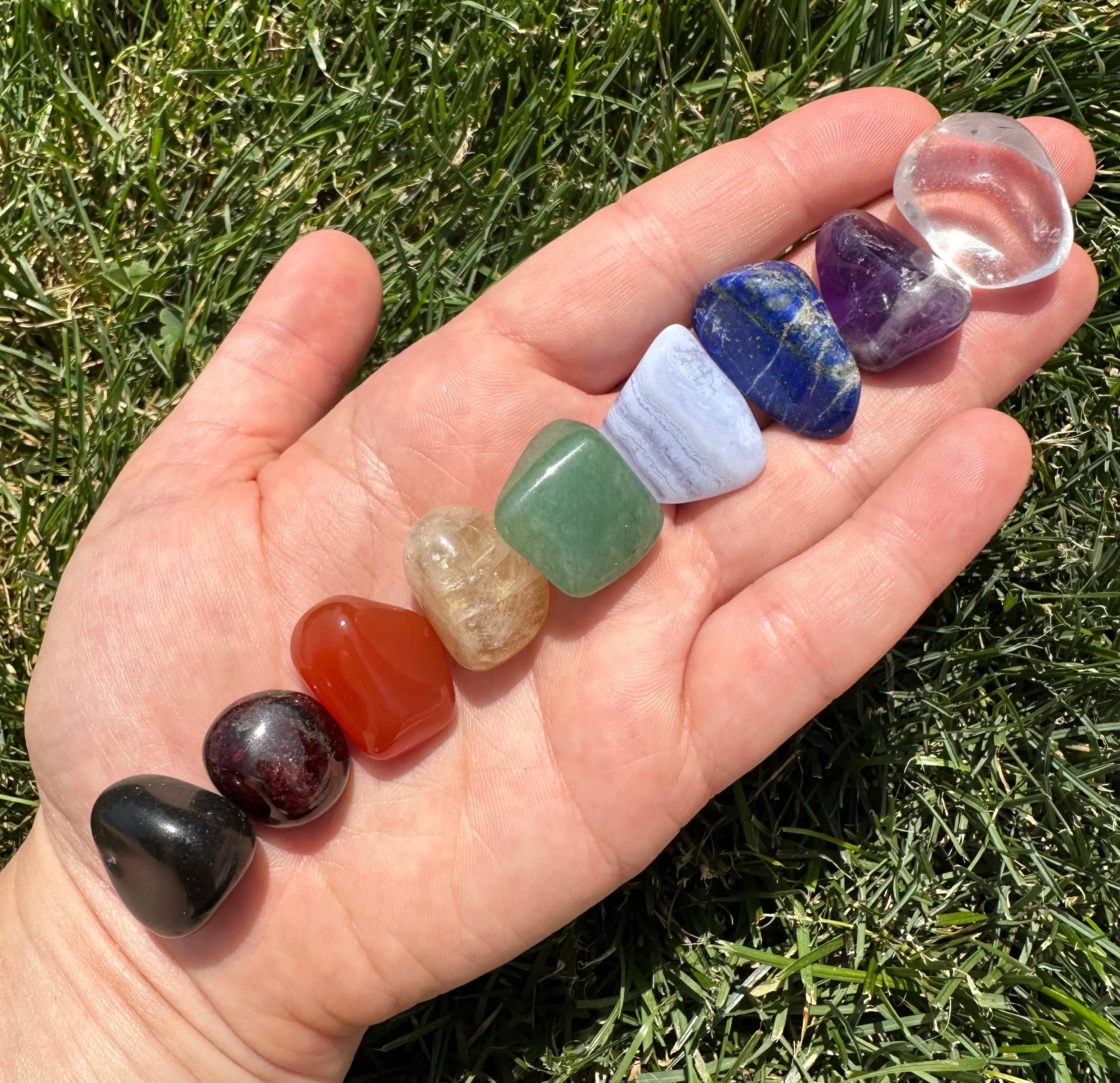 Tumbled Chakra Stone Set - Black Tourmaline, Garnet, Carnelian, Citrine, Green Aventurine, Blue Lace Agate, Lapis Lazuli, Amethyst, Clear Quartz Tumbled Stones
