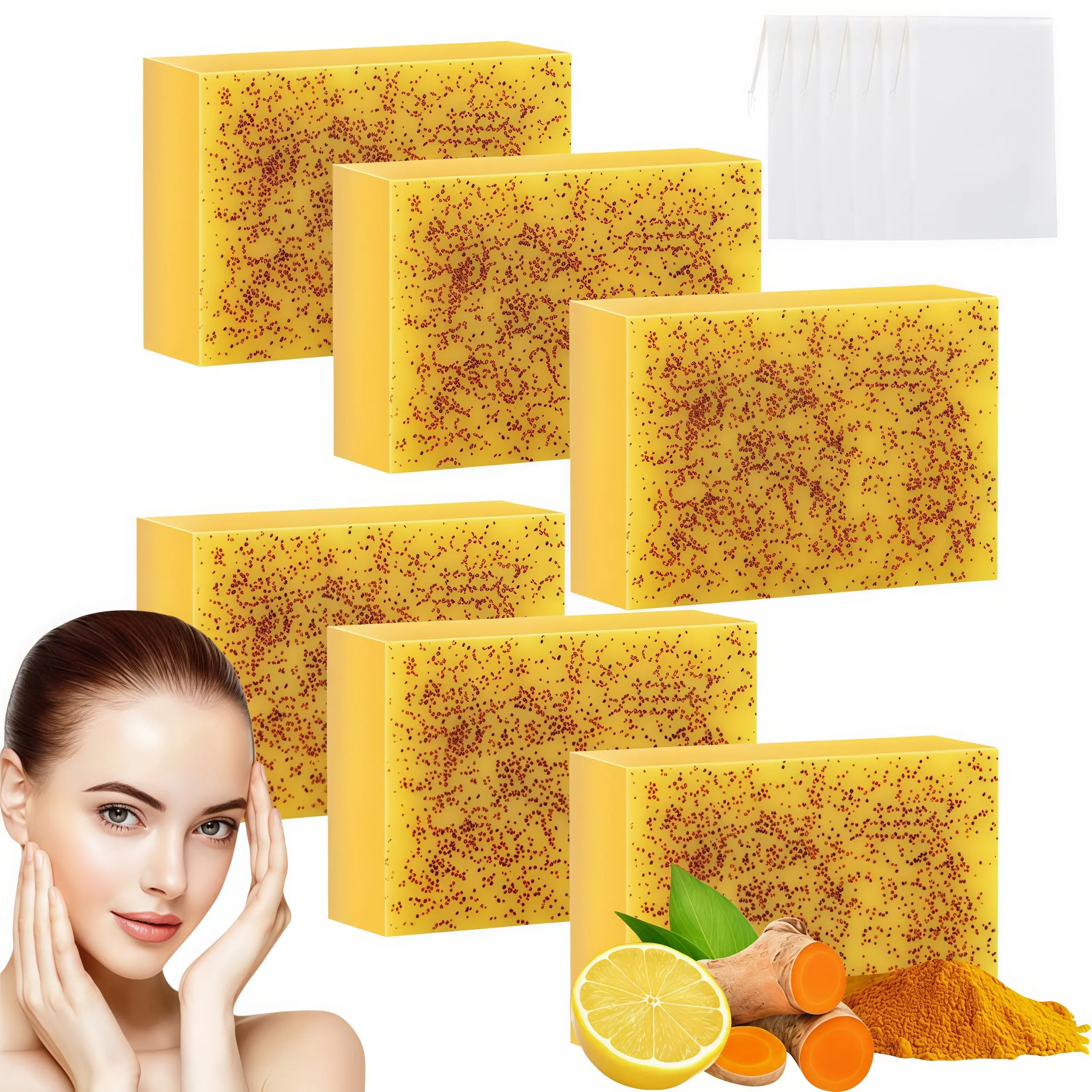 LMMAKE 2PCS/6PCS Handmade Natural Turmeric Kojic Acid Foaming Soap Bars - Triple Action Body Wash for Brightens, Deep Cleansing, Texture Improvement; Reduces Dark Spots, Ideal for Facial & Body Care