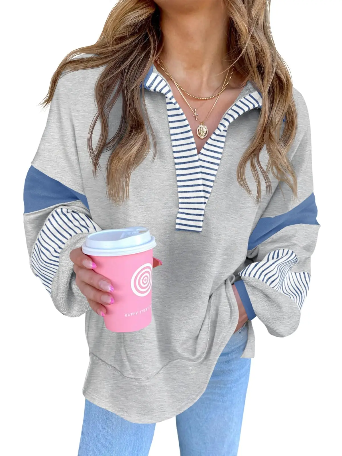 PiePieBuy Women's Casual Striped Color Block Pullover, Oversized V-Neck Long Sleeve Design in a Soft Cotton Blend for Styling with Skirts