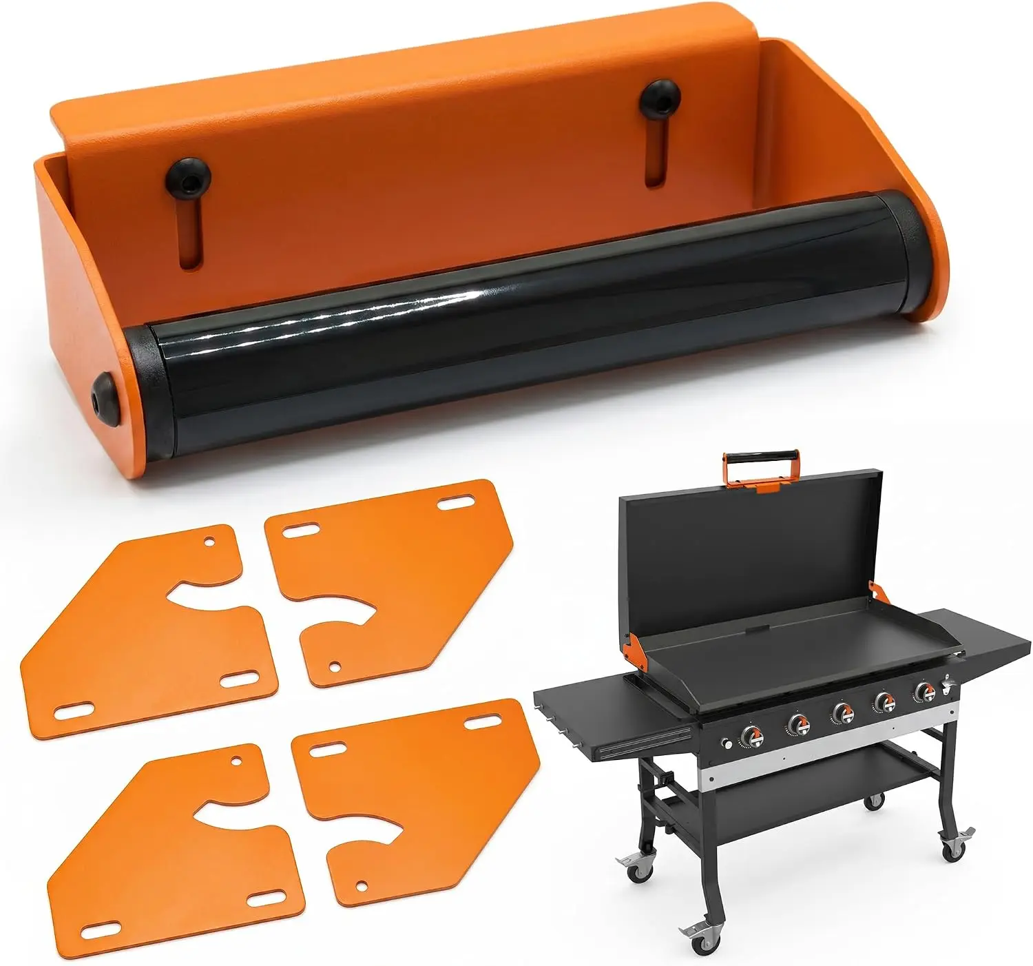 Detachable Handle & Hinge Kit for Blackstone Griddle, Clamp-On No-Drill Accessory for 28"-44" Lid Hinges & Hard Covers, Durable Orange Powder-Coated Steel Bracket for Outdoor BBQ