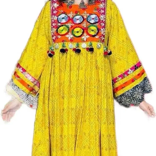 Afghani Long Dress for Women, Traditional Handcrafted Maxi Dress with Embroidered Details