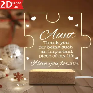 1 Count Acrylic Night Light with USB, Wooden Base – Cute Aunt Gift, Acrylic Puzzle Shape, Birthday Gift from Niece or Nephew, Cool Aunt Gift