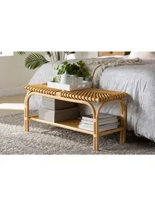 Wholesale Interiors 193271378920 Baxton Studio Himari Modern Bohemian Natural Brown Rattan Accent Bench, Lightweight, Bohemian Look, Built-In Shelf