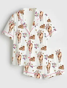 Women’s Floral Horse Western Cowgirl Boots Print Short Sleeve Silk Satin Pajama Set Soft Sleepwear