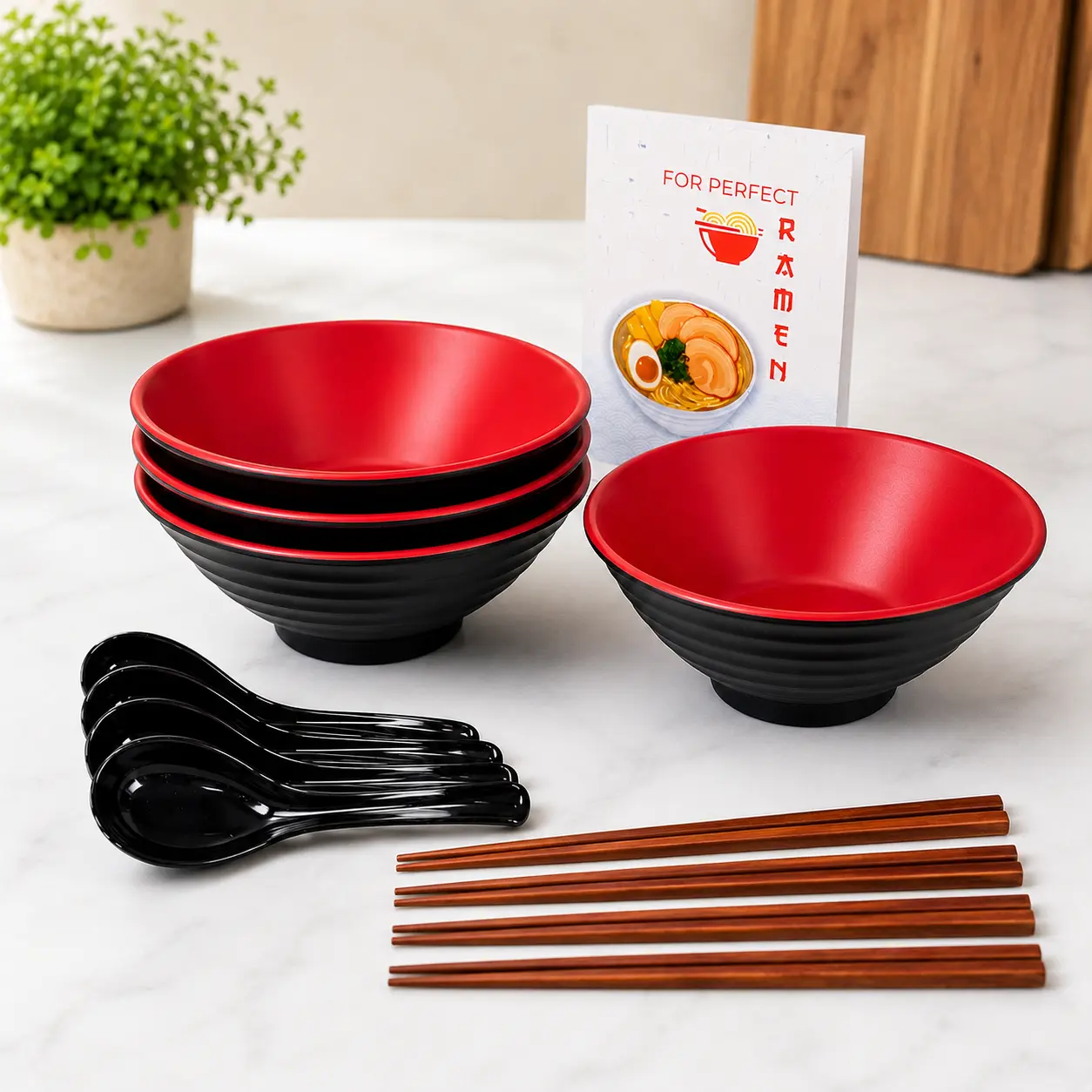 4 Pack Large Ramen Bowl Set (49.5 Oz) Melamine Noodle Bowls with Chopsticks and Soup Spoons, Complete Asian Japanese Chinese Pho Soup Dinnerware Set, Durable Unbreakable Tableware for Home & Restaurant