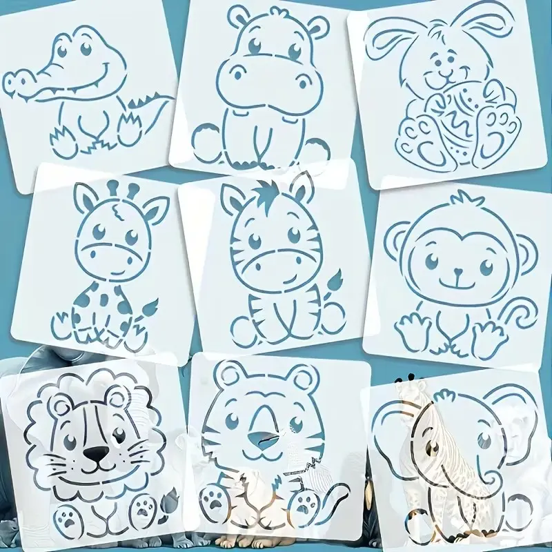 Set of 9 Reusable Animal Stencils, Adorable Shapes for Craft Art, Diy Art, Craft Supplies, Art Materials, 3.9x3.9 Inches, Ideal for Fabric, Canvas, T-Shirts, Wall Decor