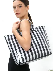 Striped Waterproof Magnetic Buckle Shoulder Bag, Large Capacity Travel Commute Tote, Durable Fashion Cosmetic Storage Bag, Shopping Bucket Bag