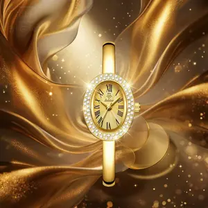 Women's Bangle Watch, Elegant Oval Crystal Bezel Dress Watch with Roman Numerals Luxury Gold Plated Bangle Bracelet Watch for Ladies and Girls