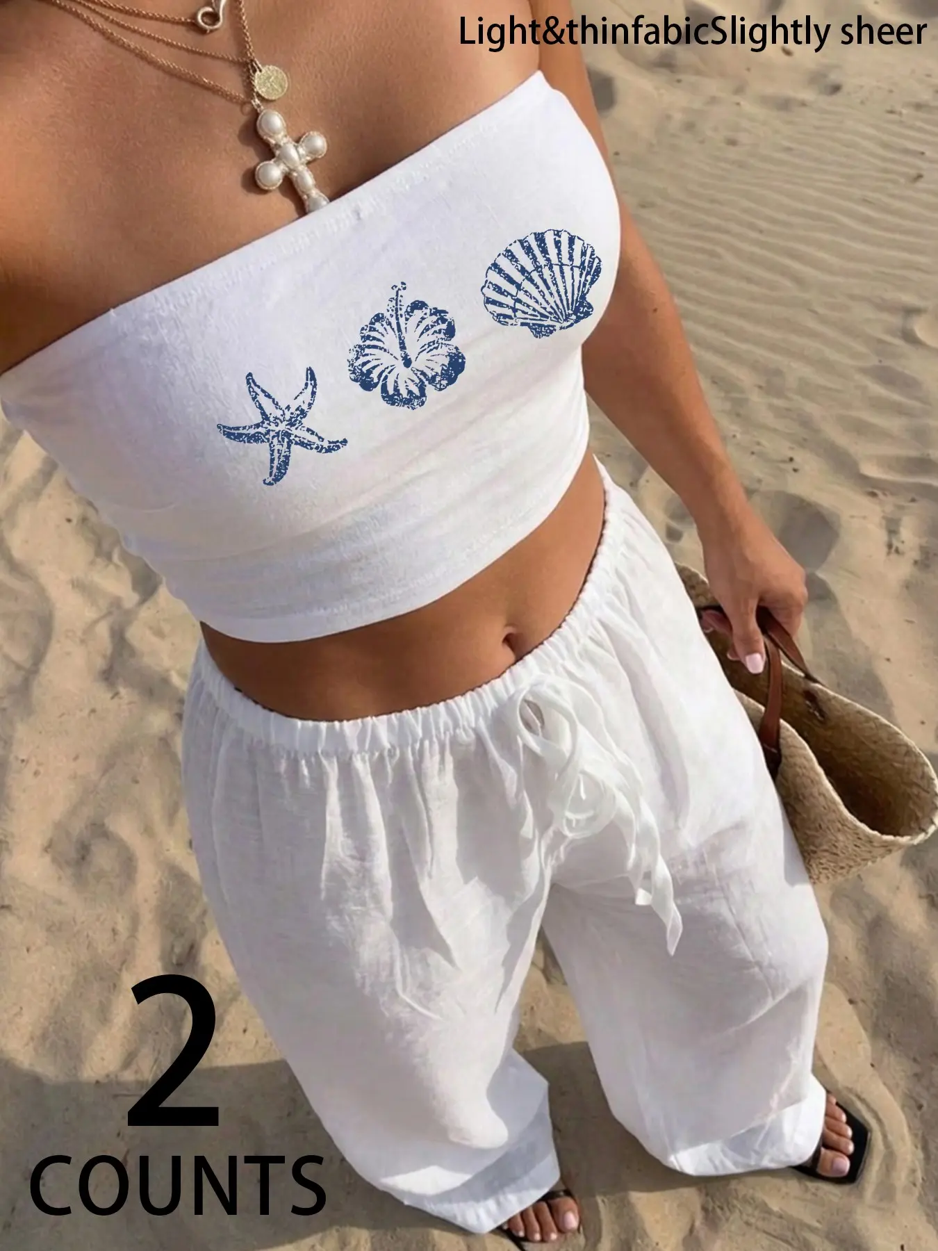 2 Piece Set Women's Beach, Shell and Starfish Print, Y2K Style, Casual Cool Chic, Perfect for Beach Vacation Wear, Womenswear Beachwear Trend