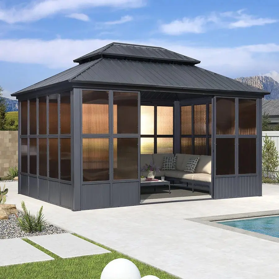PURPLE LEAF 12' x 16' Hardtop Gazebo, Grey Aluminum Screen House Solarium - Outdoor Patio Canopy, Metal Frame Backyard Canopy, Sturdy & Weather Resistant Outdoor Furniture Sets