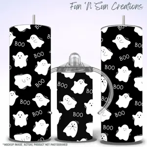 Halloween Spooky Ghost Tumbler – “BOO” Design – 12oz Sippy or 20oz Skinny Cup – Cute Matching Parent & Kid Drinkware, Coffee